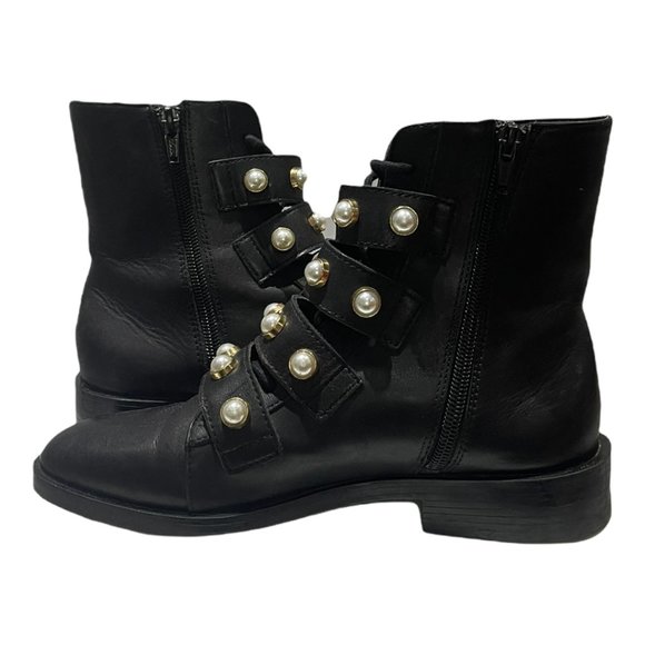 Zara Trafaluc Pearl Strap Lace Up Faux Leather Combat Ankle Boots Black … - Picture 7 of 14